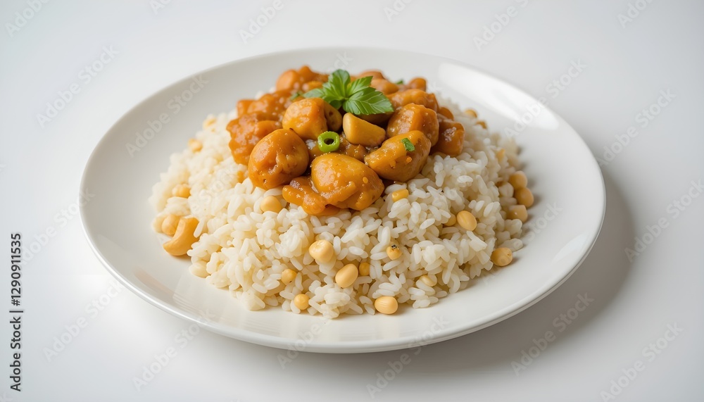 Rice, cashew nuts, and chicken on a white plate against a white backdrop Rice, cashew nuts, and chicken on a white plate against a white backdrop