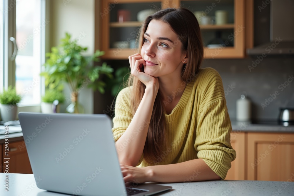 Pensive Young Caucasian Woman with Long Hair in Cozy Kitchen, Contemplating While Working on Laptop, Surrounded by Indoor Plants and Warm Lighting Pensive Young Caucasian Woman with Long Hair in Cozy Kitchen, Contemplating While Working on Laptop, Surrounded by Indoor Plants and Warm Lighting