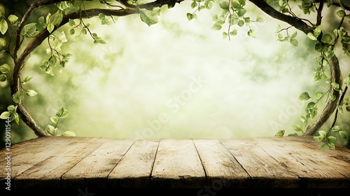 Wooden Table in a Lush Green Spring Setting