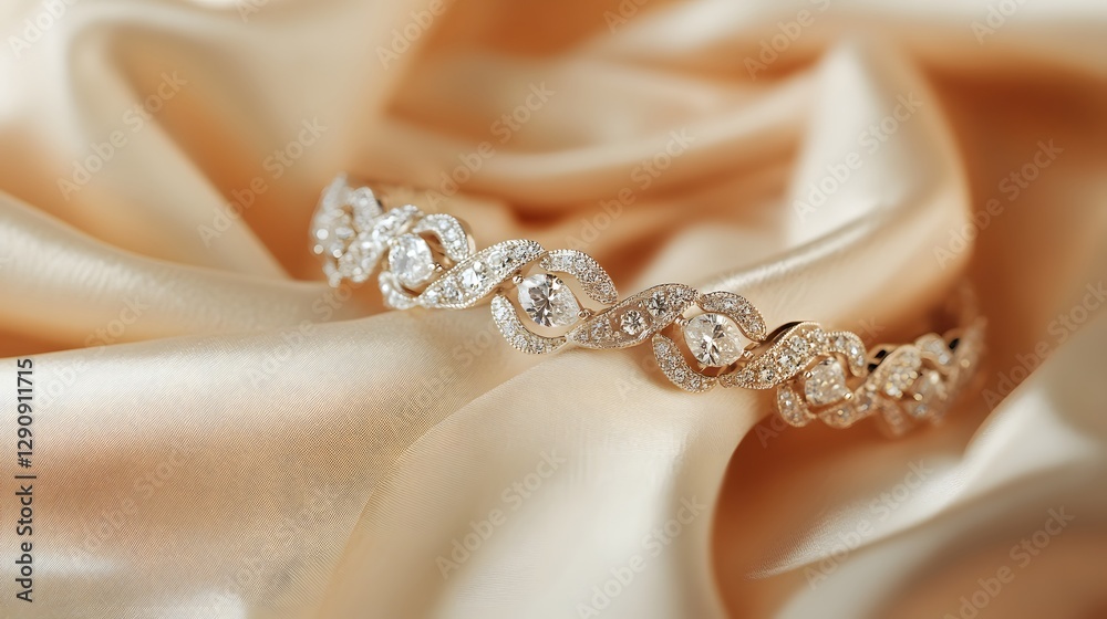 A glamorous diamond bracelet with elegant design placed on a soft cream-colored fabric A glamorous diamond bracelet with elegant design placed on a soft cream-colored fabric
