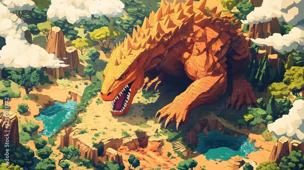 Naklejka premium Fierce Prehistoric Dinosaur Creature Emerging from Fantastical Isometric Jungle Landscape