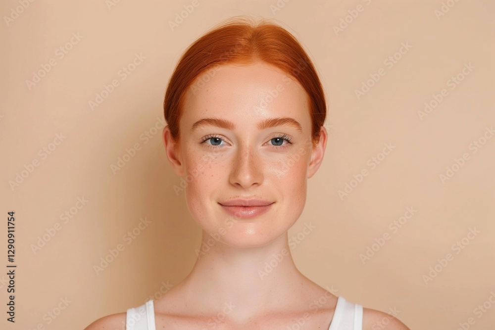 beautiful woman with red hair and clean fresh skin on beige background, skincare beauty concept beautiful woman with red hair and clean fresh skin on beige background, skincare beauty concept