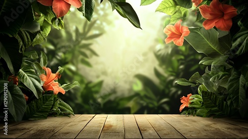 Wooden Table in a Lush Tropical Jungle Setting with Hibiscus Flowers