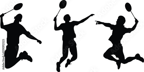Set of badminton player silhouette. Male badminton players various action poses against. Isolated on white background. Vector illustration