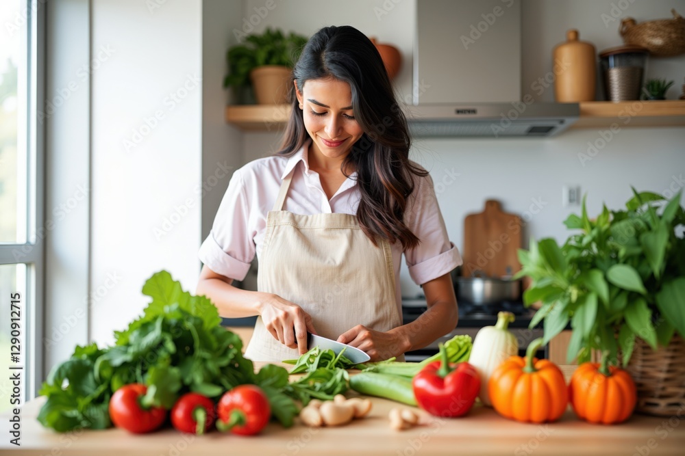 Young Asian Woman Cooking in a Modern Kitchen, Preparing Fresh Vegetables Surrounded by an Abundance of Organic Produce Including Tomatoes, Greens, and Herbs Young Asian Woman Cooking in a Modern Kitchen, Preparing Fresh Vegetables Surrounded by an Abundance of Organic Produce Including Tomatoes, Greens, and Herbs