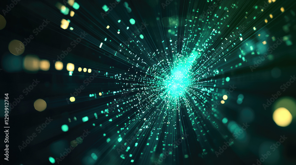 Fototapeta premium A vibrant, abstract representation of light particles radiating outward, creating a sense of depth and motion against a dark background.