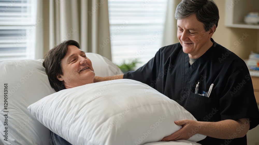 Obraz premium Doctor comforts elderly patient in bed. Shows compassionate care in healthcare setting.