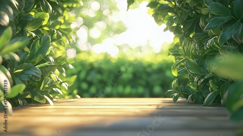 Wooden Table in Lush Green Garden Sunlight