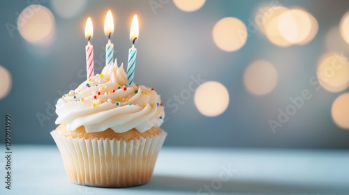 Cupcake with Candles on a Blue Background