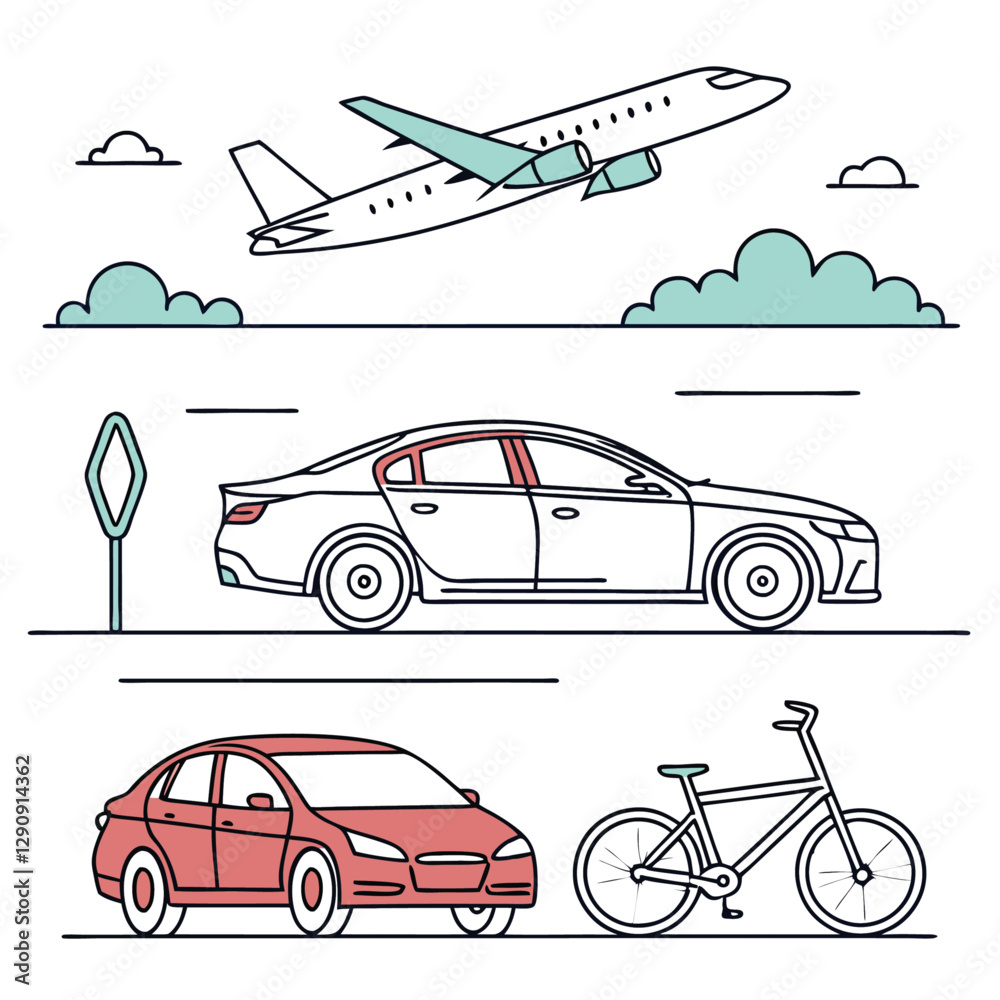Naklejka premium Modern Transportation Vector Illustration | Cars, Planes & Bicycles in a Clean Minimalist Design