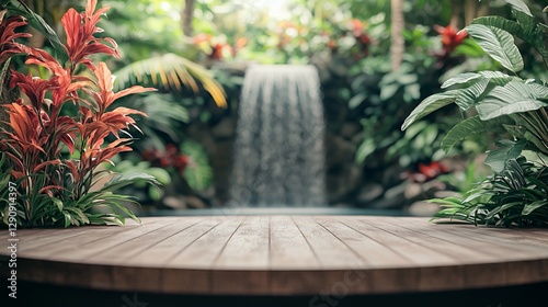 Wooden Table in Lush Tropical Garden with Waterfall Background