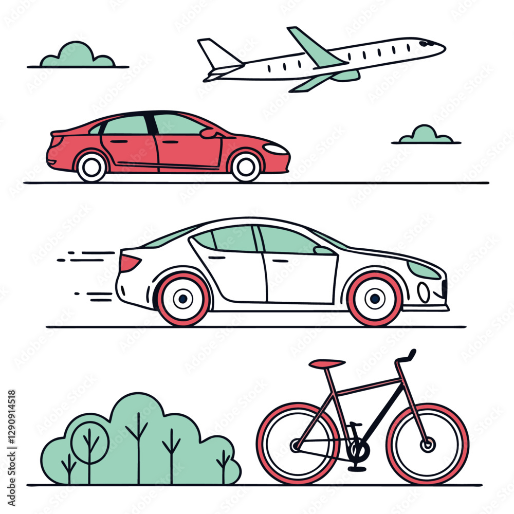 Fototapeta premium Modern Transportation Vector Illustration | Cars, Planes & Bicycles in a Clean Minimalist Design