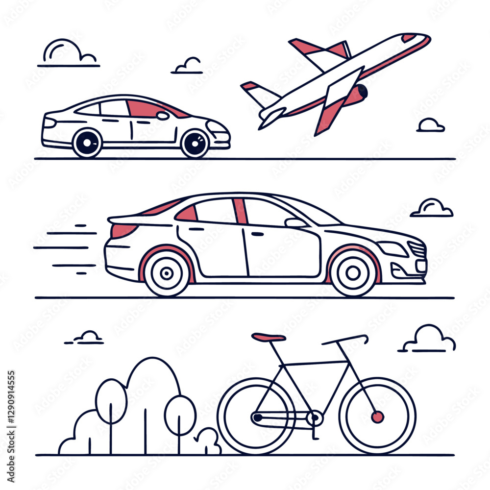 Naklejka premium Modern Transportation Vector Illustration | Cars, Planes & Bicycles in a Clean Minimalist Design
