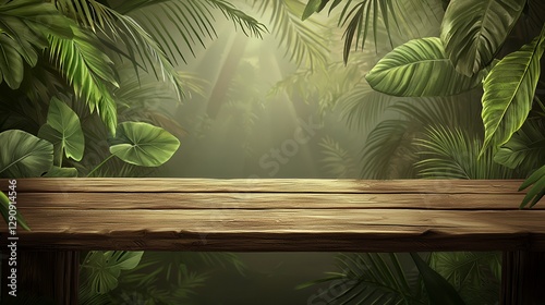 Wooden Table in Lush Tropical Jungle Setting