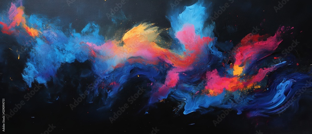 Fototapeta premium Colorful abstract paint swirl on dark background. Vibrant blue, pink, orange hues blending together. Artistic digital canvas texture for creative projects.