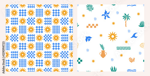 Set of modern summer seamless patterns with palm leaves, flowers, shells, waves and sun. Vector patchwork checkered background. Fabric textile print. Surface cover design.