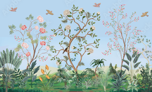 Chinoiserie wallpaper background mural, watercolor background, birds and sky.