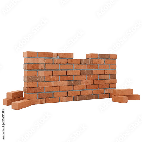 Half built brick wall isolated on transparent background 