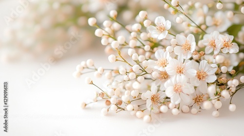 Delicate white flowers, close-up, soft background, wedding invitation design