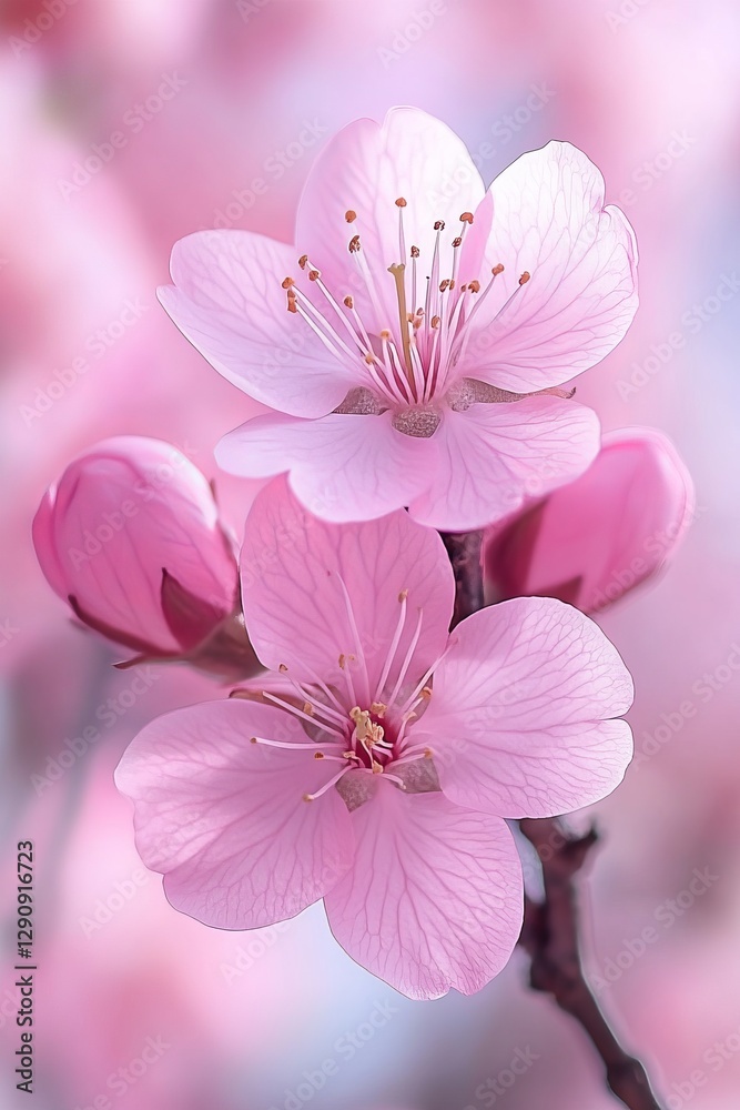 Fototapeta premium Delicate Beauty, Close Up of Soft Pink Plum Blossoms on a Branch, Spring Floral Background