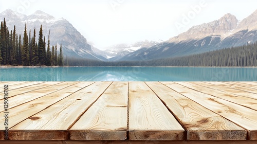 Wooden Table Overlooking a Serene Mountain Lake
