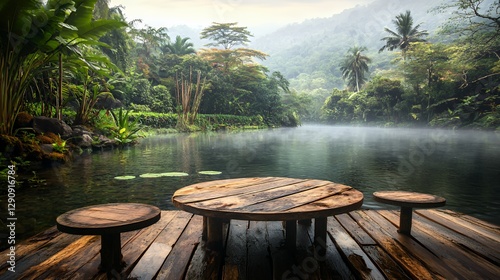 Wooden Table Over Tropical Lake Mist
