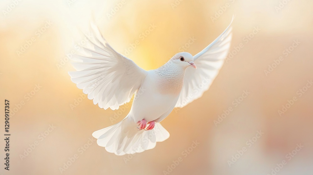 White dove in flight, golden hour, peaceful scene, background bokeh White dove in flight, golden hour, peaceful scene, background bokeh