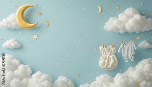 Baby Clothes Hanging on a Clothesline with Clouds Stars and Moon