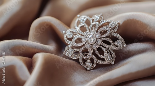 A vintage diamond brooch with intricate details, resting on a soft velvet fabric