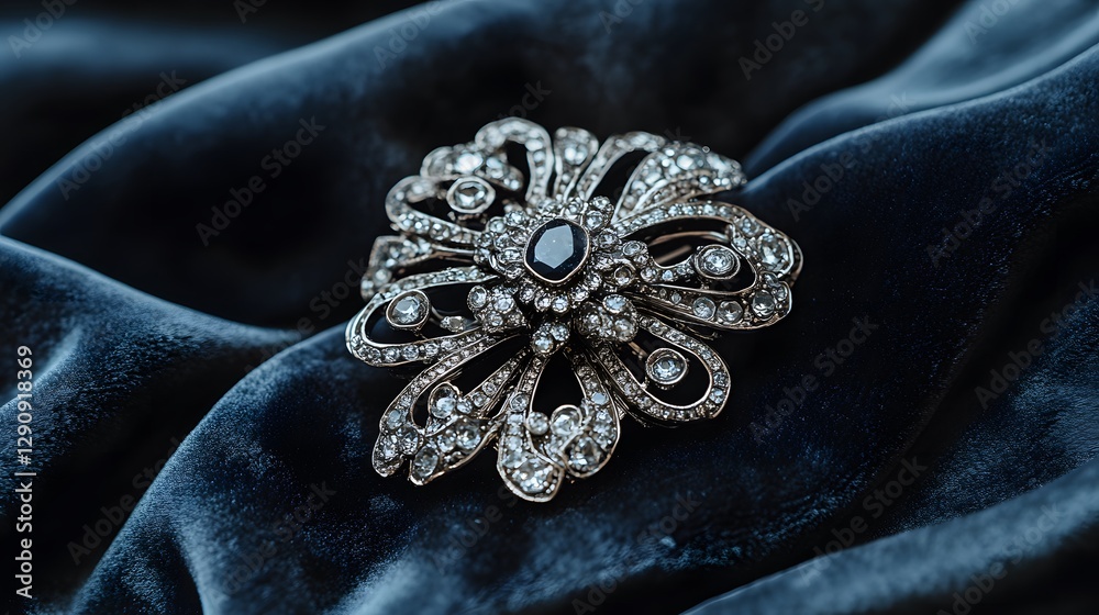 Fototapeta premium A vintage diamond brooch with intricate details, resting on a soft velvet fabric