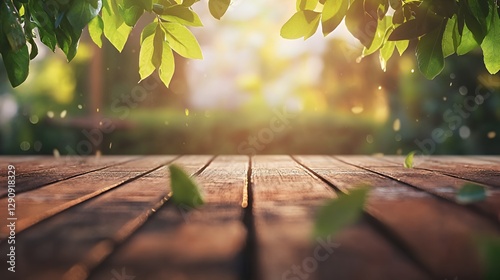 Wooden Table with Green Leaves and Sunlight Background
