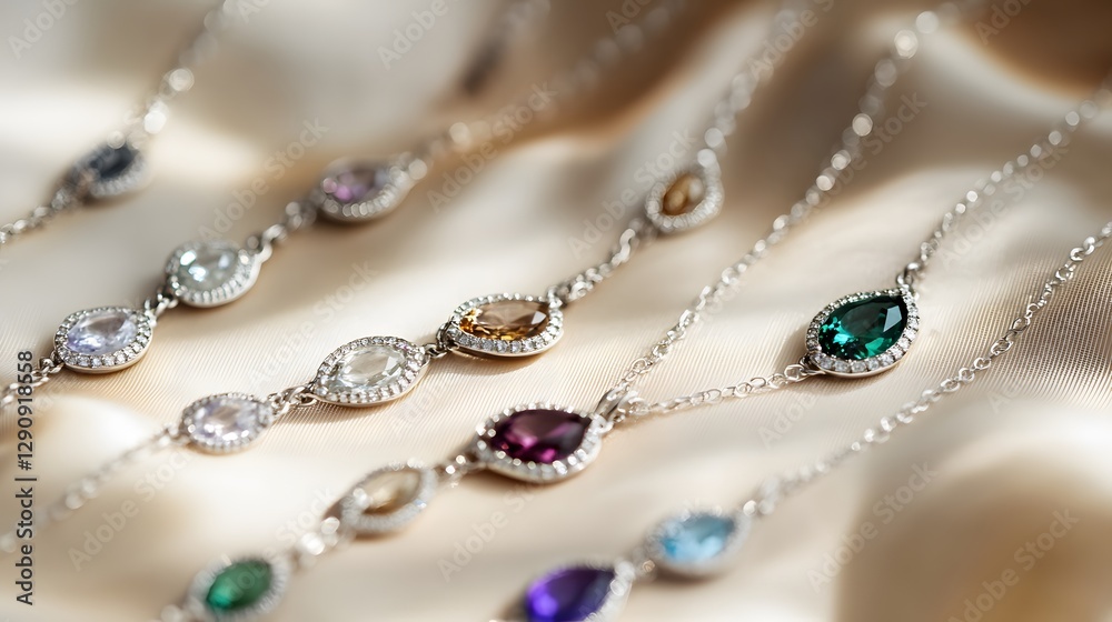 A collection of luxurious silver necklaces with small gemstones, resting on a soft cream-colored surface A collection of luxurious silver necklaces with small gemstones, resting on a soft cream-colored surface