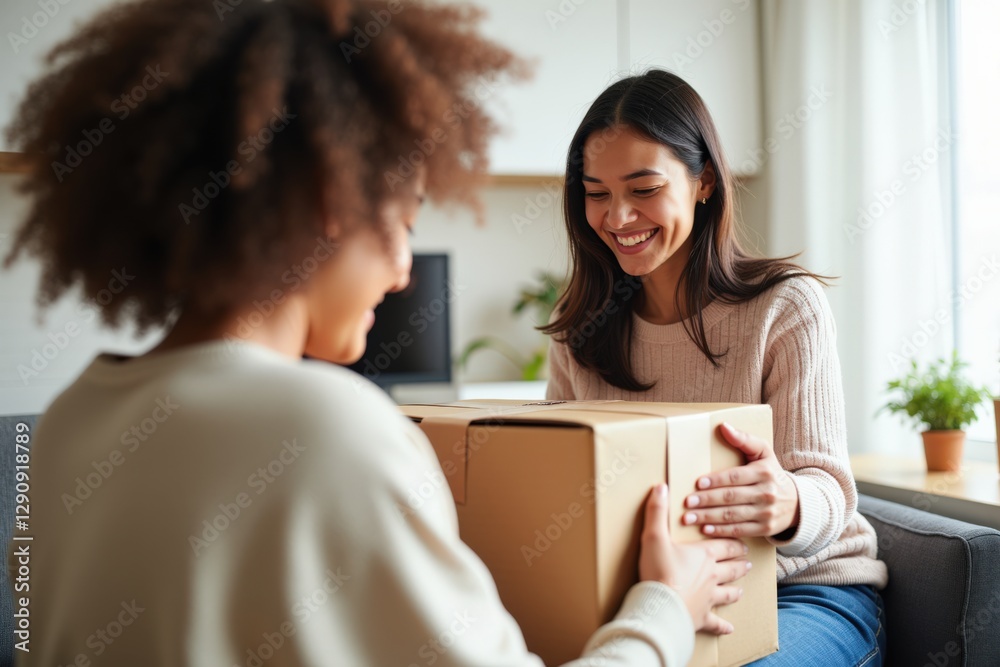 Two Women Engaging in a Joyful Moment of Gift Exchange, Celebrating Friendship in a Cozy Living Room Environment Two Women Engaging in a Joyful Moment of Gift Exchange, Celebrating Friendship in a Cozy Living Room Environment