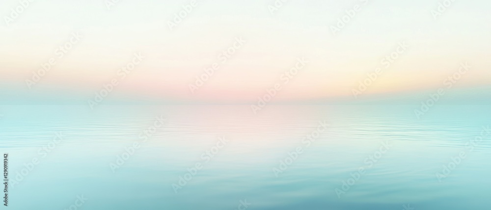 Obraz premium Calm ocean horizon at sunrise, soft pastel colors reflecting on water, serene seascape, peaceful nature background, tranquil sky and water blend.
