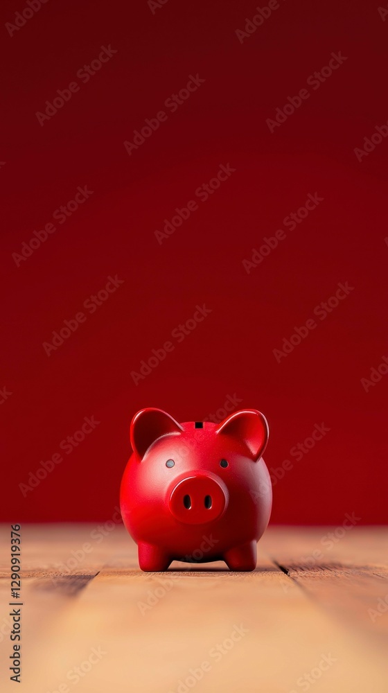 Radiant Red Piggy Bank on Rustic Wooden Surface Depicting Financial Security and Future Savings Goals Radiant Red Piggy Bank on Rustic Wooden Surface Depicting Financial Security and Future Savings Goals