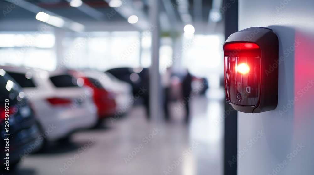 Fototapeta premium Thief alert at a car dealership with sales personnel noticing the alarm. Featuring swift action and dealership protection