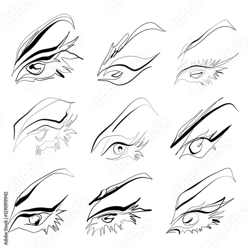 Set of nine black and white minimalist lineart  vector illustrations of female eyes with long lashes