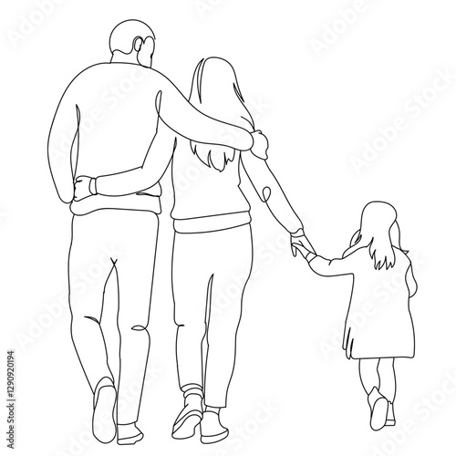 dessin en ligne continue d'une famille de dos, line art, vecteur