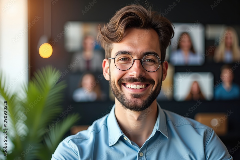 Fototapeta premium Happy Young Caucasian Male Professional with Glasses Smiling in Modern Workspace Surrounded by Team Photos and Indoor Greenery