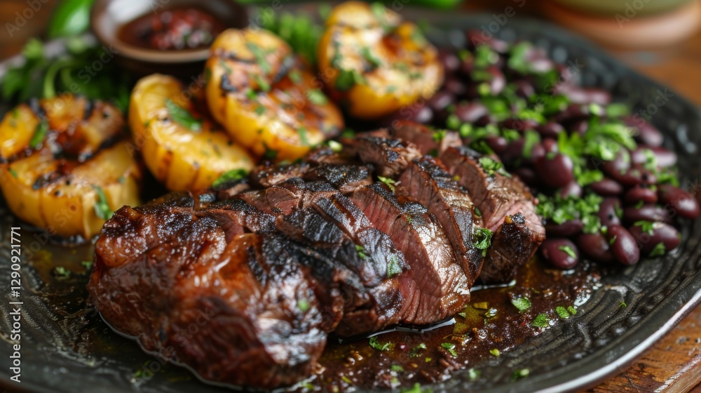 A mouthwatering grilled steak sliced and served alongside charred citrus, fresh herbs, and black beans in a rustic kitchen. Perfect for summer gatherings with friends. A mouthwatering grilled steak sliced and served alongside charred citrus, fresh herbs, and black beans in a rustic kitchen. Perfect for summer gatherings with friends.