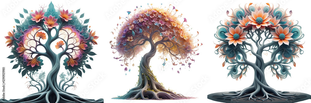 Fototapeta premium Set of image an intertwined flower and tree, vibrant and dreamlike colors, exaggerated and imaginative forms, ethereal vibes, intricate details of petals and trunk isolated on a transparent background