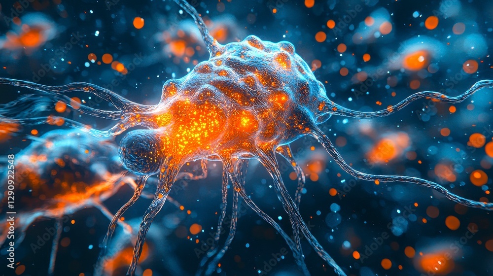 Obraz premium Abstract Representation of a Neuron in a Neural Network System with Glowing Particles and Filaments