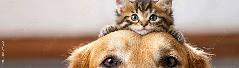 Adorable Kitten Perched Safely on Gentle Golden Retriever s Head Sweet Companionship Moment Capture Adorable Kitten Perched Safely on Gentle Golden Retriever s Head Sweet Companionship Moment Capture