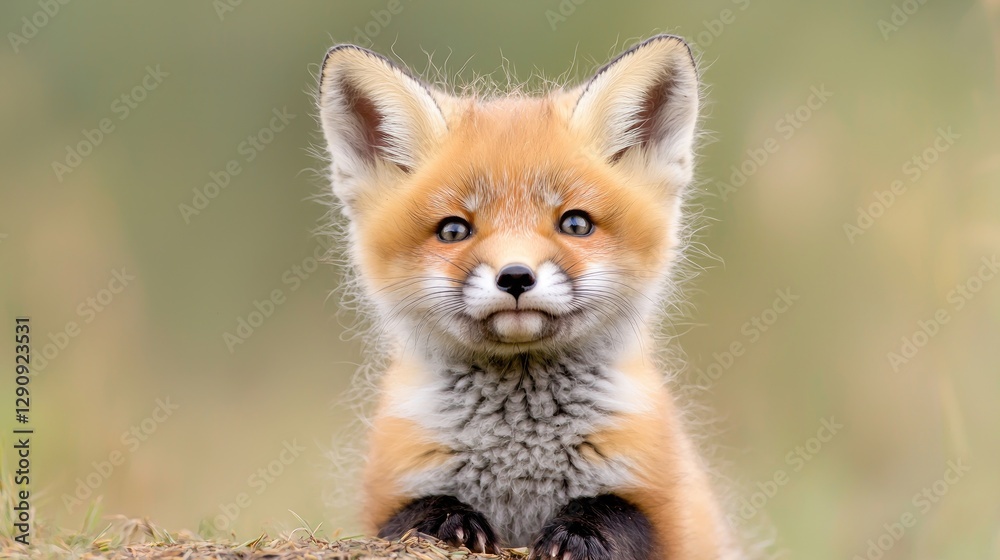 Fototapeta premium Cute red fox kit, wildlife portrait, blurry green background, nature photography