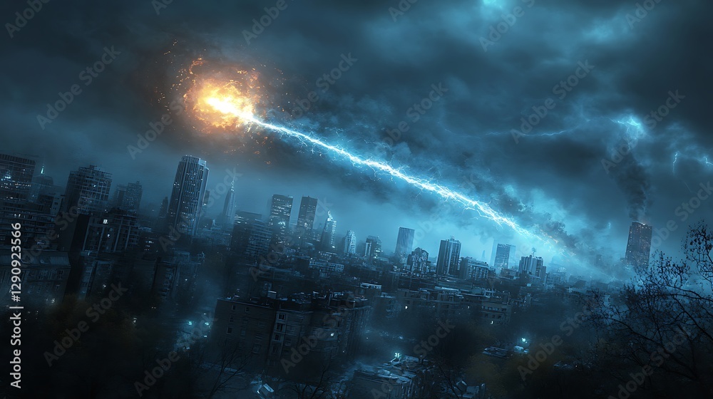 Destructive Lightning Strikes Over A Destroyed City Skyline Destructive Lightning Strikes Over A Destroyed City Skyline