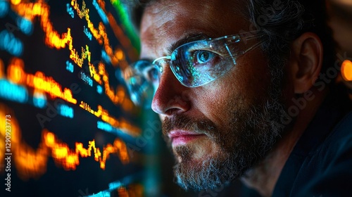 Analyst Deep in Financial Data Analysis Wearing Protective Eyewear Gaining Insights from Digital Data