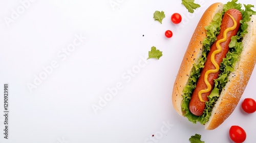 Appetizing Hotdog with Mustard and Lettuce on a White Background for Culinary Delights Promo