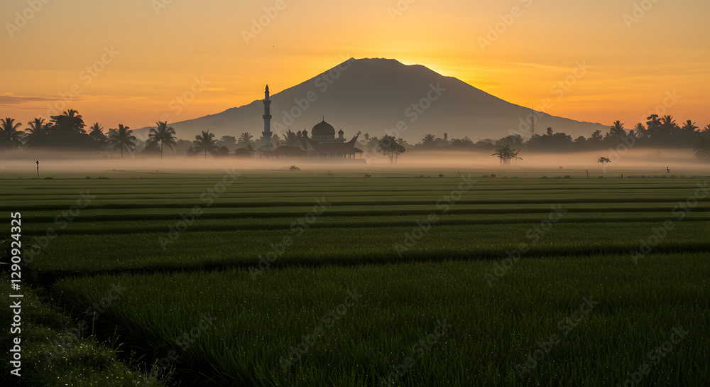 Obraz premium Indonesian landscape at sunrise during Ramadhan peaceful morning serene atmosphere spiritual time