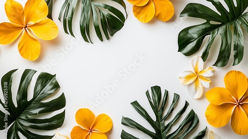Yellow And White Tropical Flowers And Monstera Leaves Frame On White Background