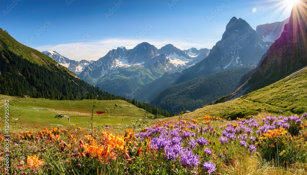Fototapeta premium Vibrant Wildflowers Bloom Across Mountain Valley